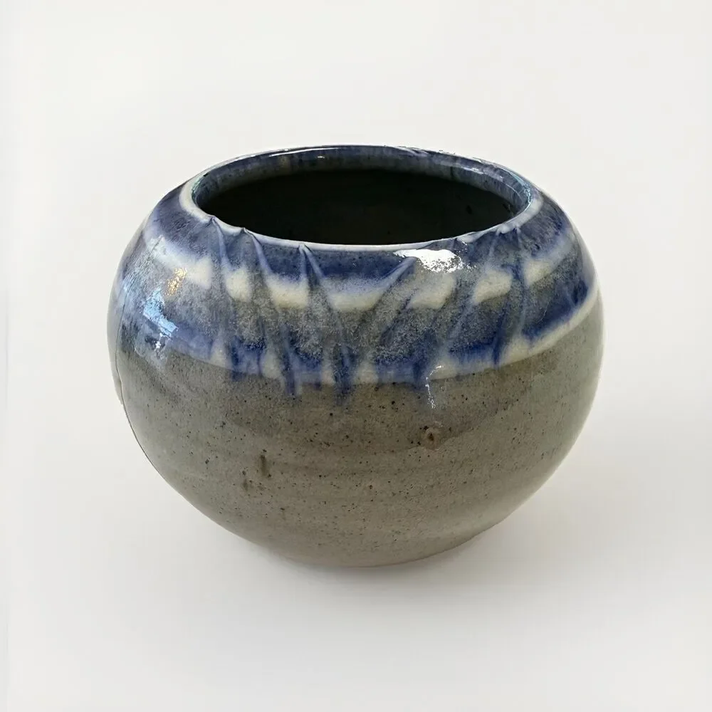 Joel Knanishu Raku Small Pottery Vase with Porcelain and Blue Speckled Glaze